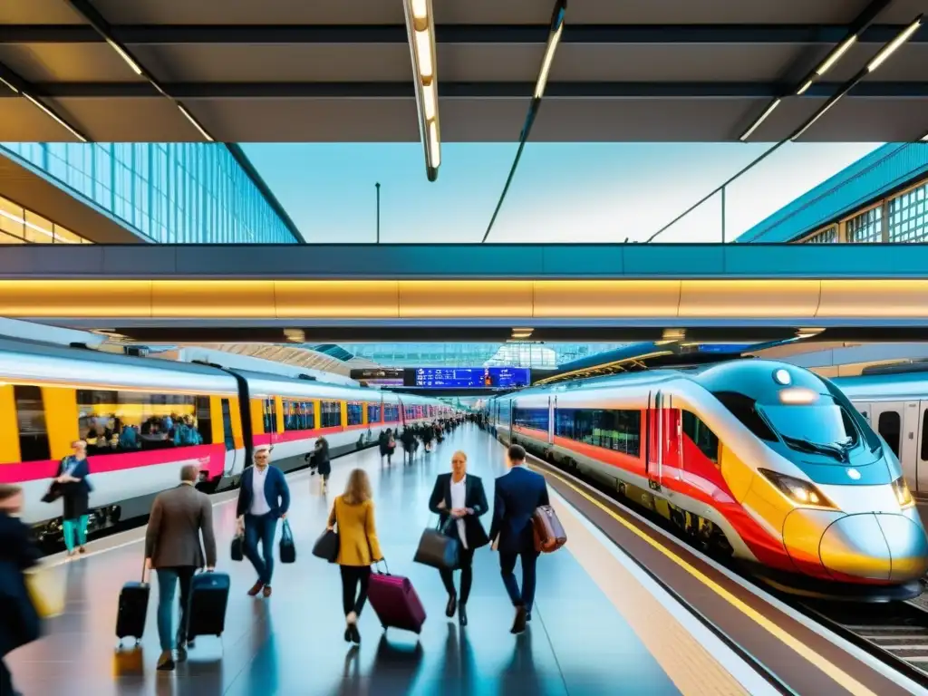 Vibrante estación ferroviaria europea con modernos trenes, viajeros diversos y arquitectura impresionante