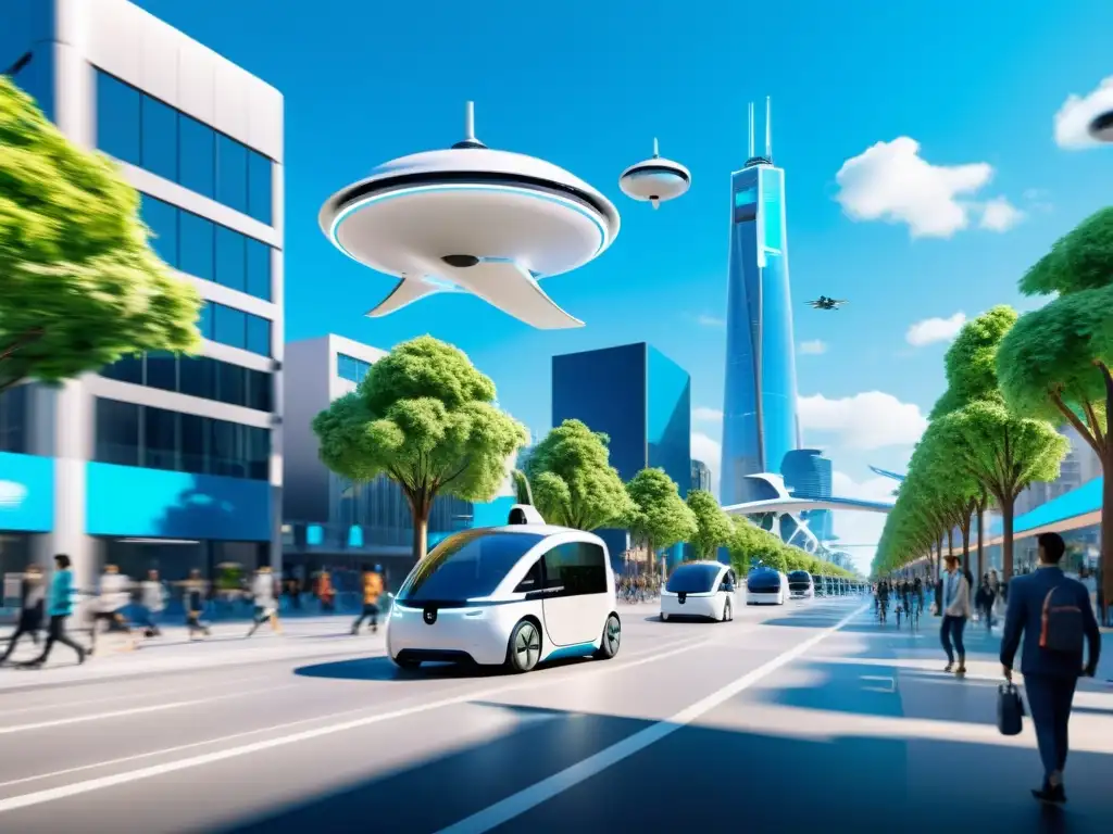 En el vibrante futuro del transporte urbano a demanda, la ciudad bulle con vehículos eléctricos autónomos entre edificios futuristas y peatones