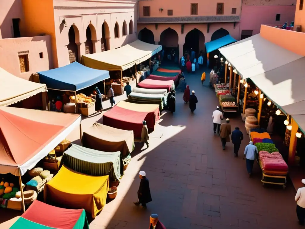 Un vibrante mercado en Marrakech, Marruecos, rebosante de colores y cultura africana y oceánica, donde se ven vendedores y compradores interactuando