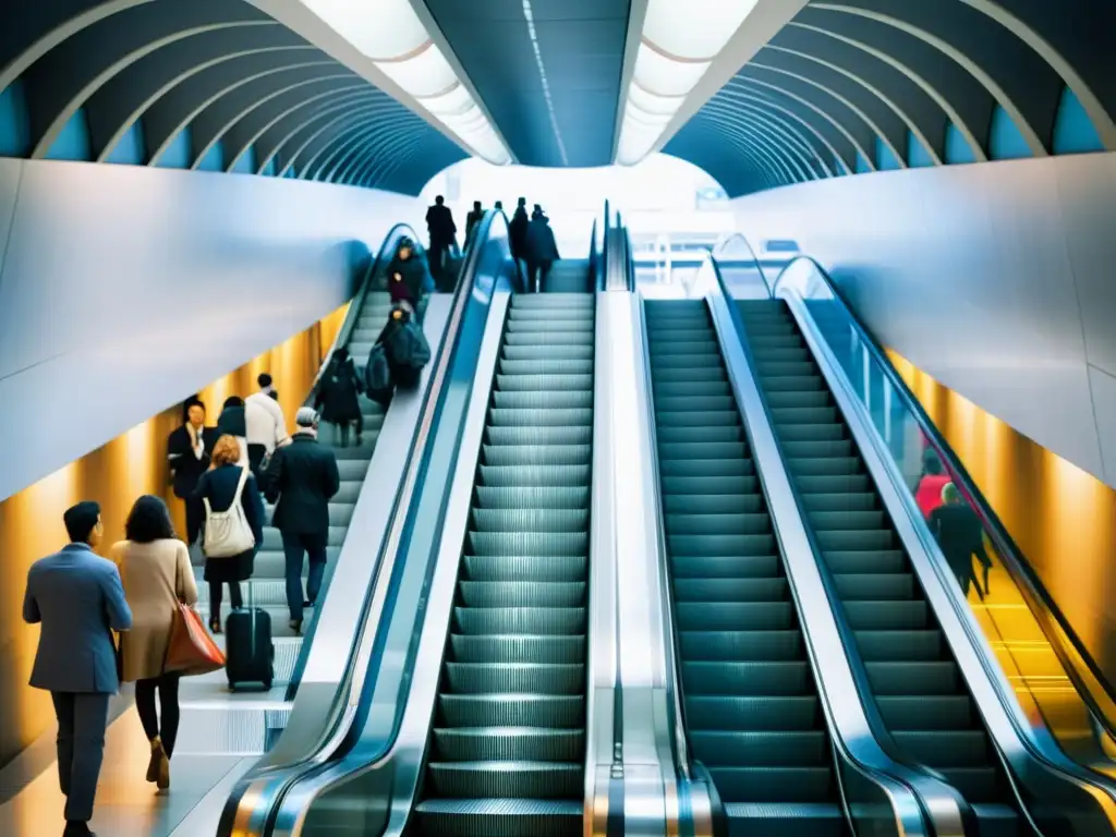 Vibrante estación de metro durante hora pico, con escaleras mecánicas modernas