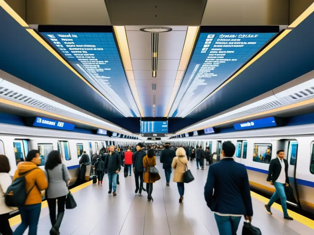 Vibrante estación de metro durante la hora pico, con multitudes en movimiento, pantallas digitales y arquitectura moderna