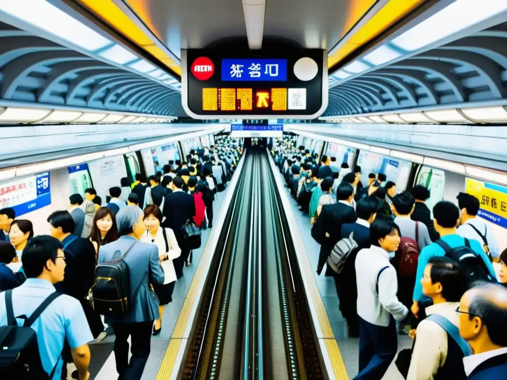 Vibrante estación de metro en Tokio, Japón, con redes de metro en ciudades y bulliciosa multitud urbana