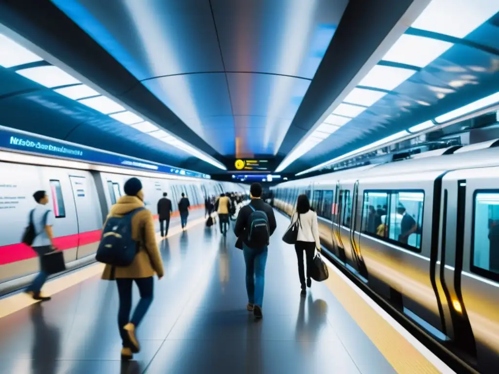 Vibrante estación de metro subterráneo con sistemas inteligentes en transporte subterráneo, trenes modernos y ambiente futurista