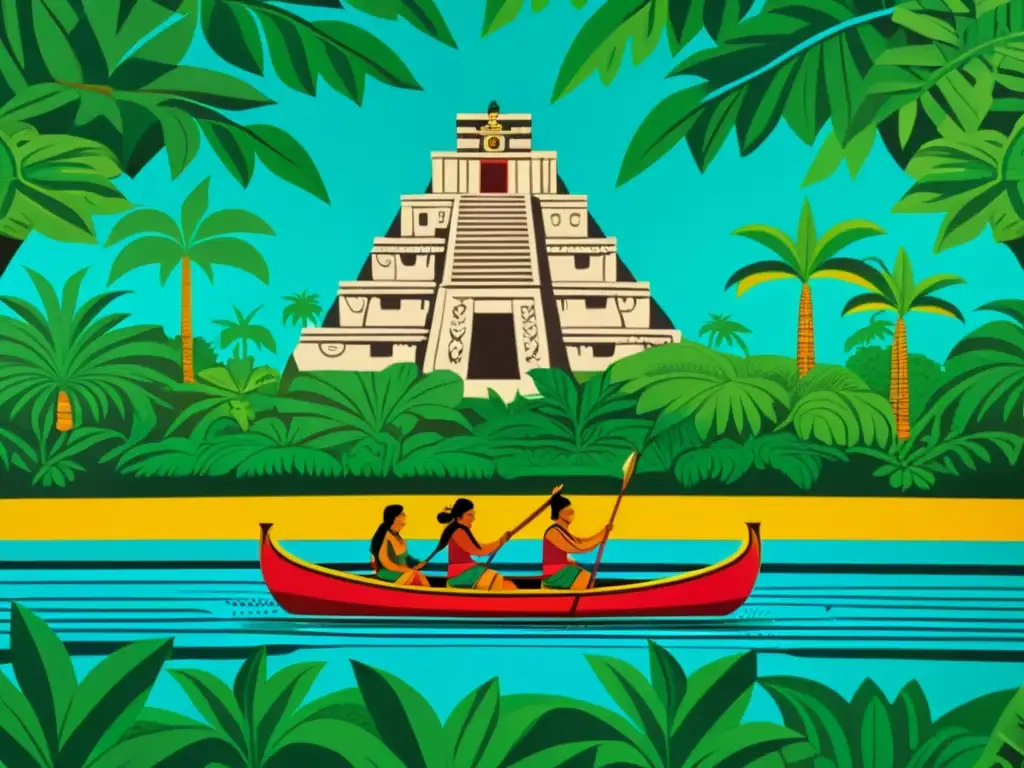 Vibrante mural de transporte sostenible en antiguas culturas Mayas, con personas viajando a pie y en canoa a través de exuberante selva