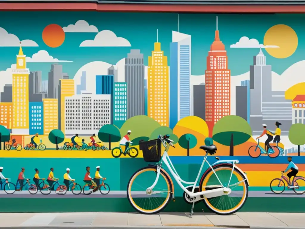 Vibrante mural urbano celebra la importancia de la bicicleta en el muralismo moderno con escena colorida y llena de energía de la ciudad