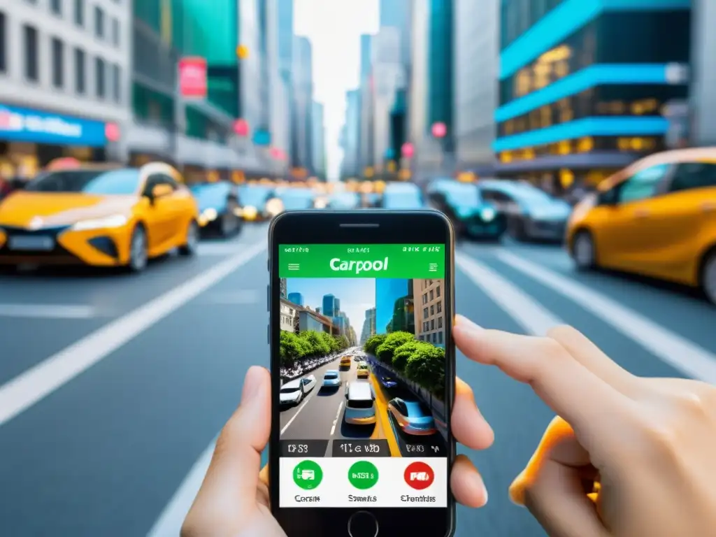 Un vibrante paisaje urbano con autos y una pantalla de smartphone que muestra una popular app para carpooling en transporte