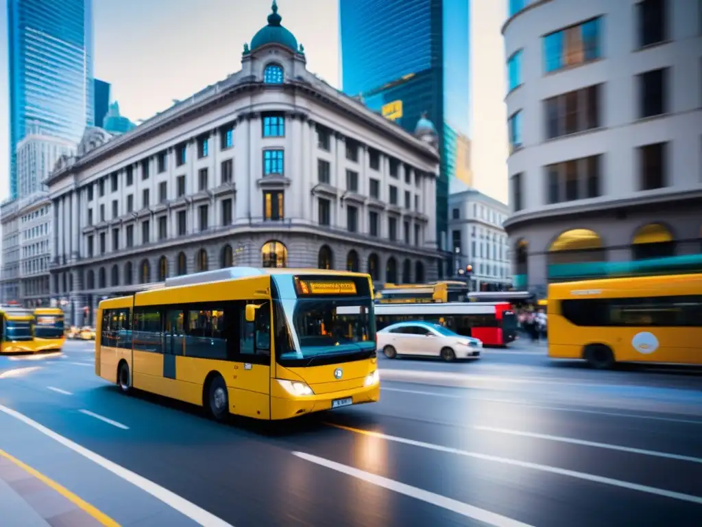 Un vibrante paisaje urbano con una diversidad de vehículos de transporte público rodeados de edificios modernos e históricos