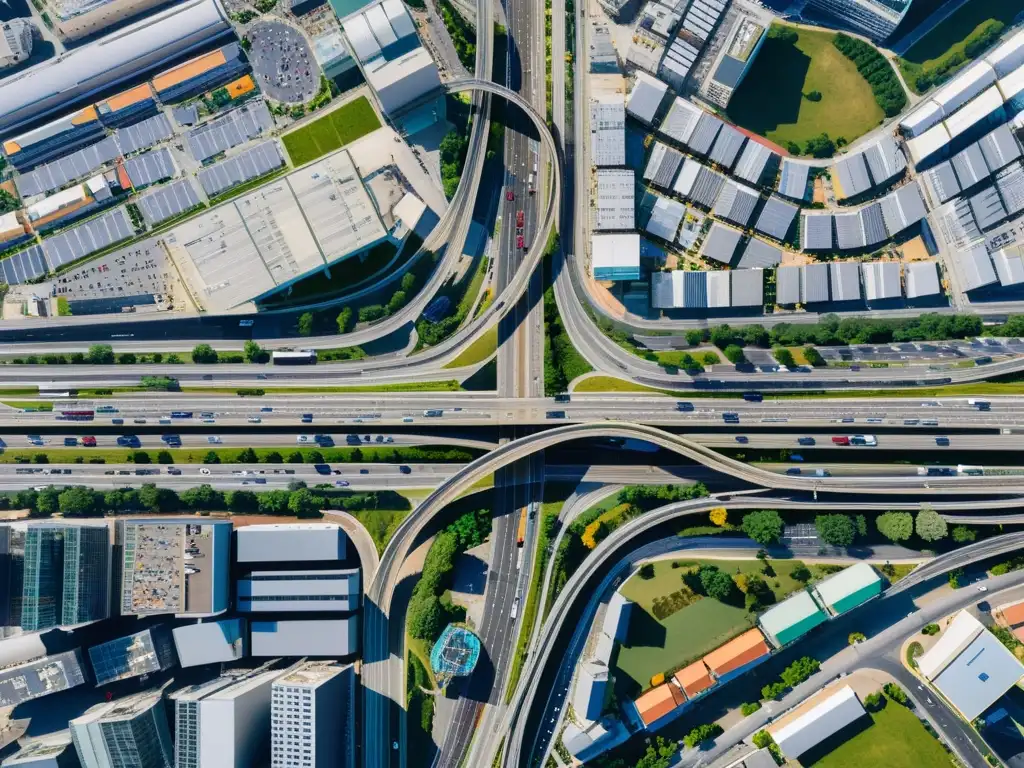 Vibrante paisaje urbano que muestra la evolución del transporte y la distribución de mercancías en una compleja red de infraestructura urbana