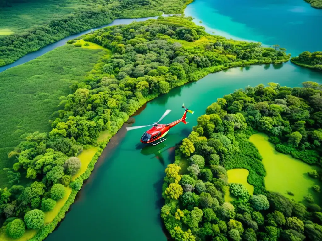 Vibrante paisaje verde capturado desde un helicóptero, resaltando tours aéreos en helicóptero para viajeros