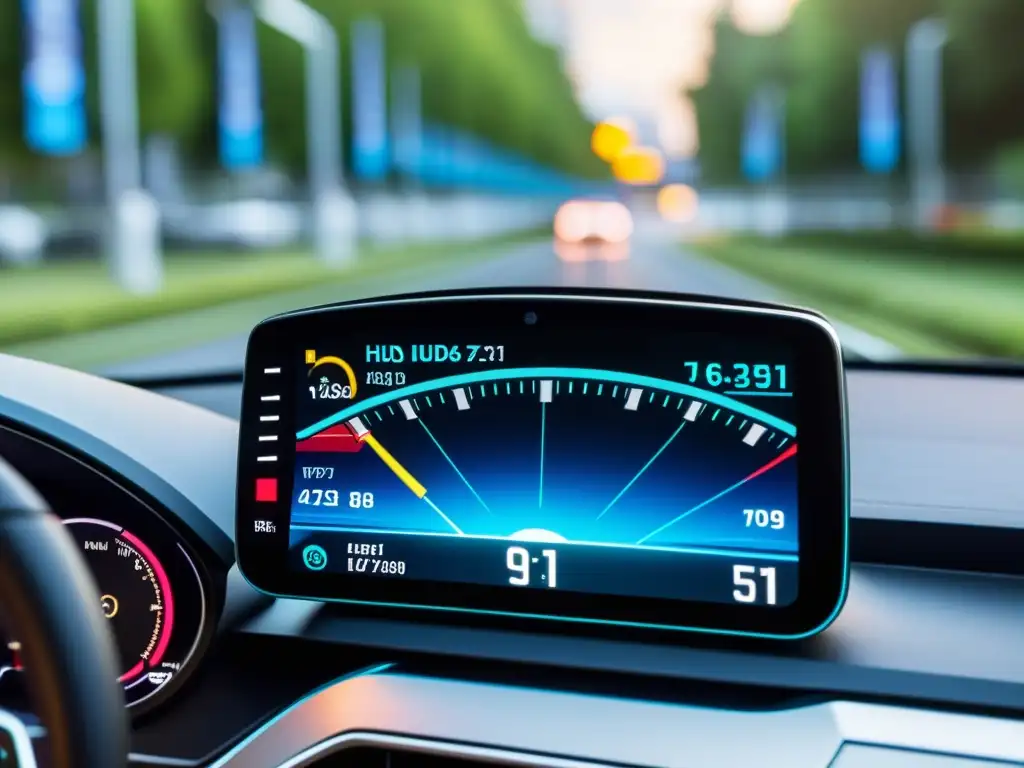 Vibrante pantalla HUD integrada en el tablero de un coche, realzando la experiencia de conducción inteligente