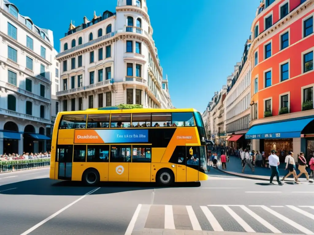 Un vibrante paseo en autobús turístico de dos pisos por una bulliciosa ciudad