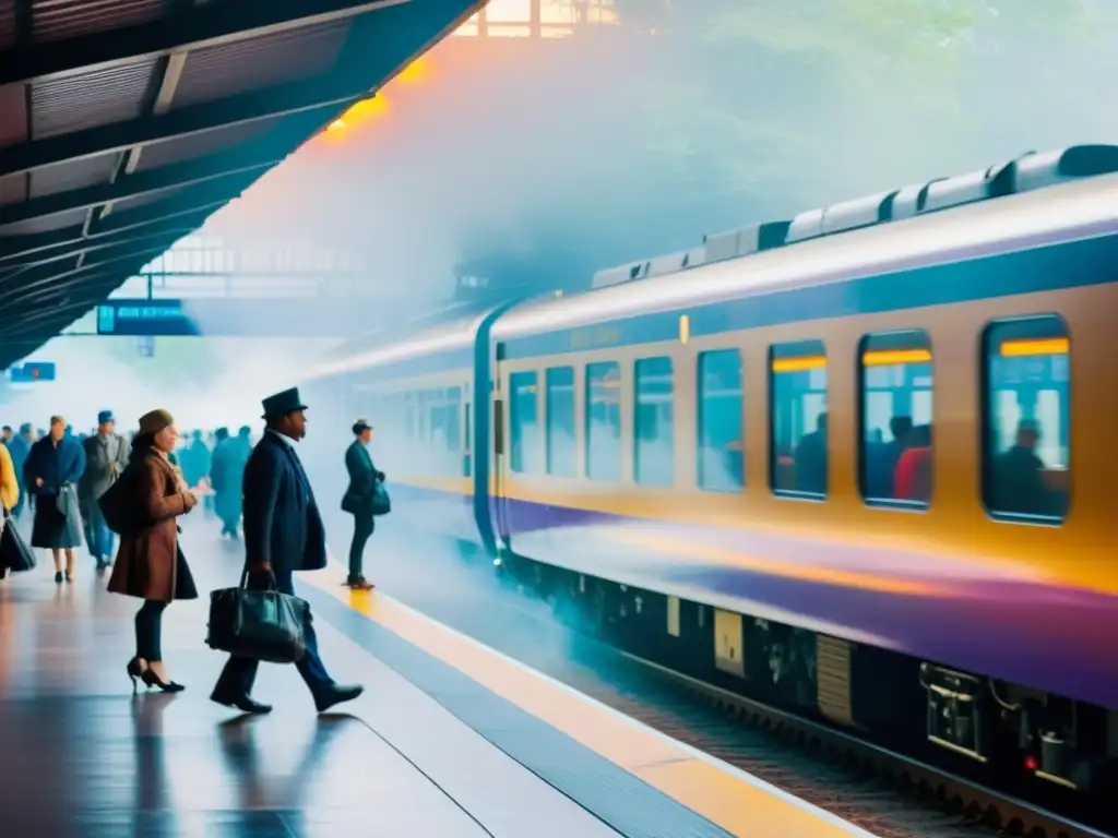 Vibrante pintura impresionista de trenes y tranvías en una estación llena de pasajeros, envuelta en la atmósfera neblinosa de una mañana mágica