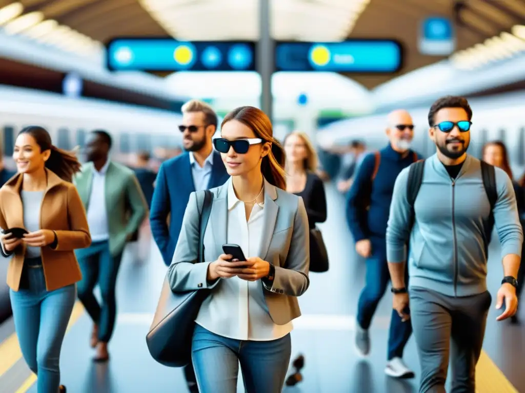 Vibrante plataforma de estación de tren con joyas wearables como dispositivos de viaje integrados en la experiencia de viaje moderna