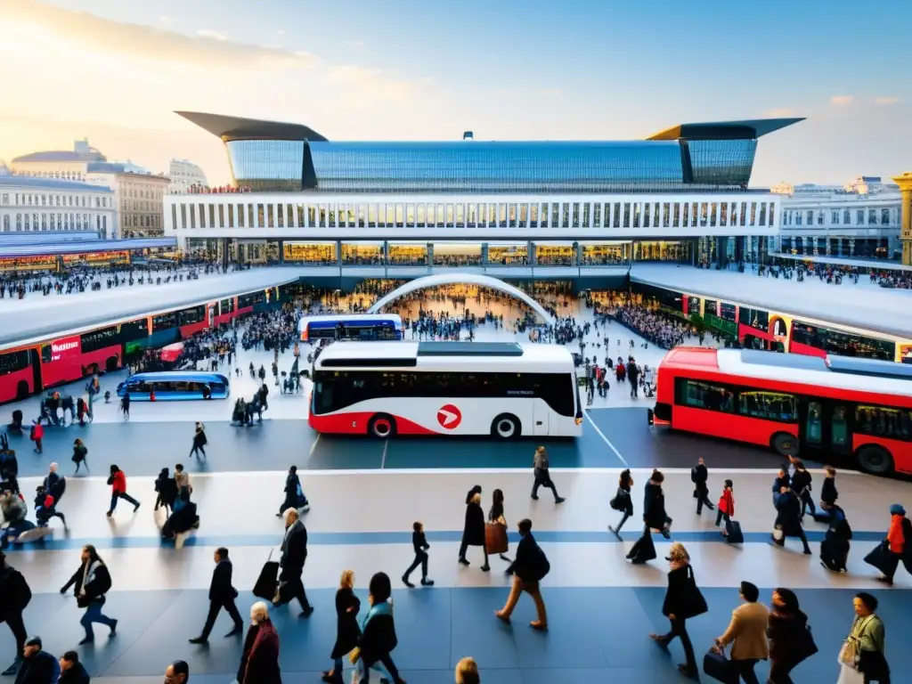 Vibrante plaza urbana con estaciones de transporte modernas, reflejando la evolución y la actividad social de la ciudad