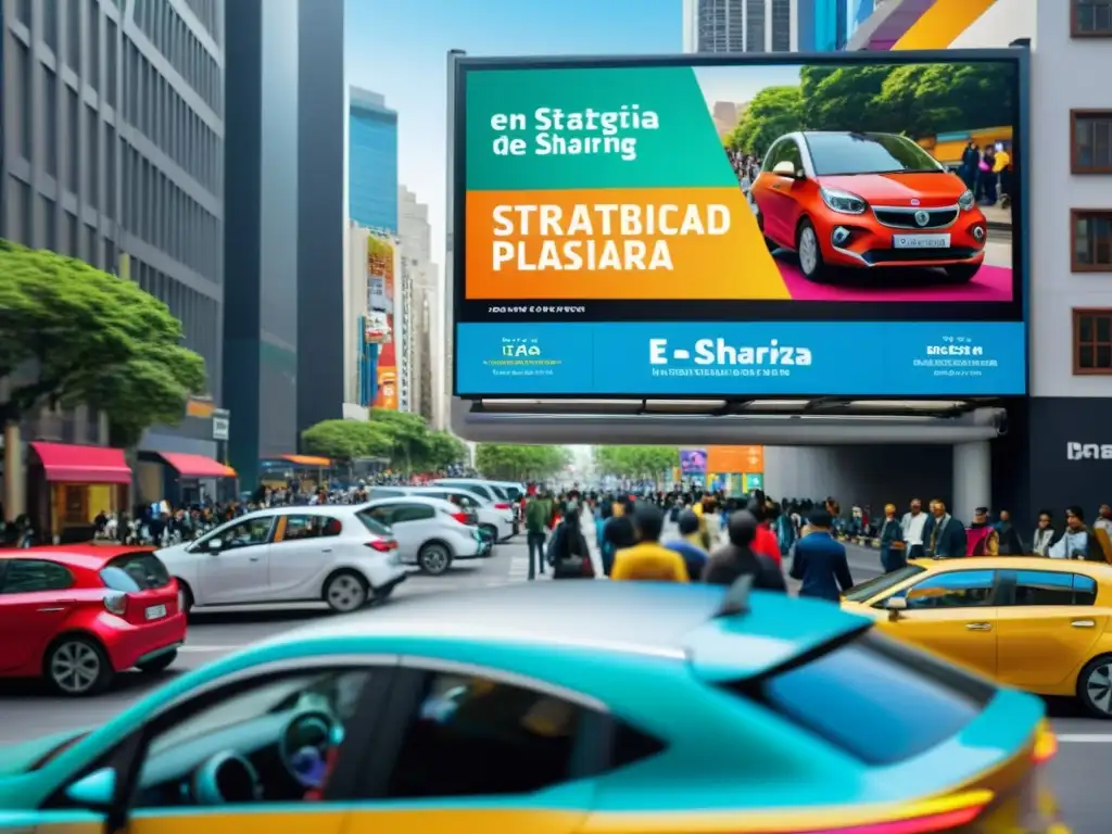 Vibrante publicidad de car sharing destaca en bulliciosa ciudad, atrayendo a jóvenes profesionales