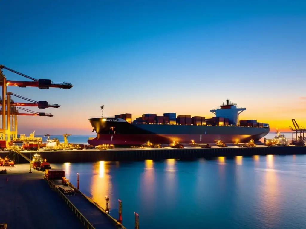 Vibrante puerto al atardecer, reflejando la Revolución del transporte marítimo economía global con barcos y trabajadores