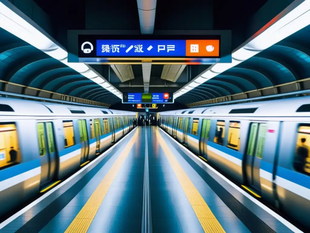 Vibrante red de metro en Tokyo con arquitectura futurista y pasajeros, reflejando la diversidad de las redes de metro en ciudades