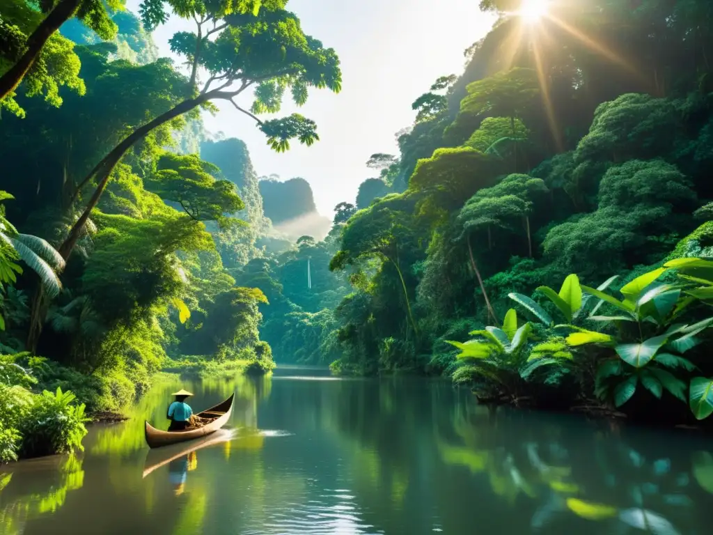 Vibrante selva con río serpenteante y canoa de madera