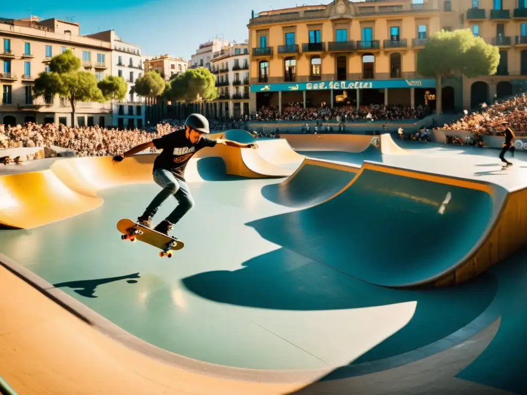 Vibrante skatepark en Barcelona con skaters mostrando sus mejores trucos, bajo la icónica arquitectura de la ciudad