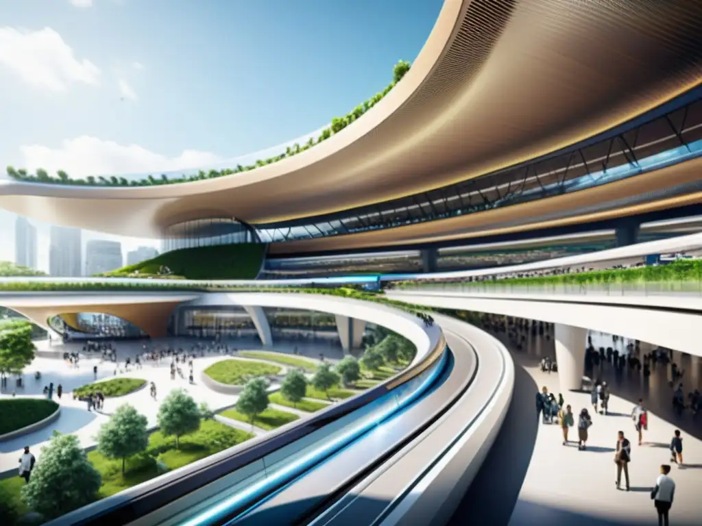 Vibrante estación de transporte multifuncional, con arquitectura futurista, pasarelas elevadas y un ambiente innovador y conectado