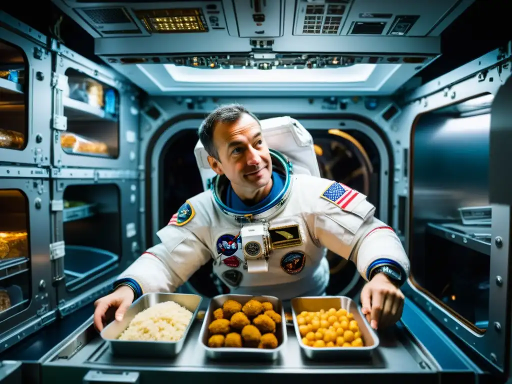 Vida en la Estación Espacial Internacional: Astronauta desafía la gravedad para comer en la galera, con la Tierra de fondo