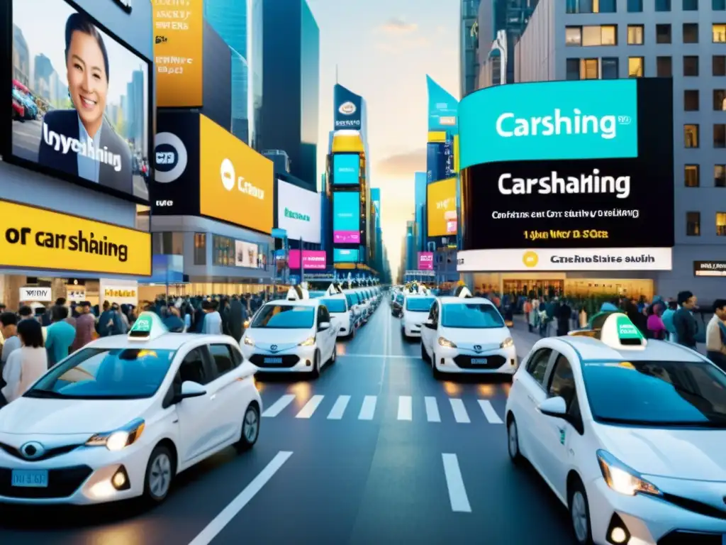 Vida urbana con carros compartidos y publicidad digital, reflejando estrategias publicidad plataformas car sharing