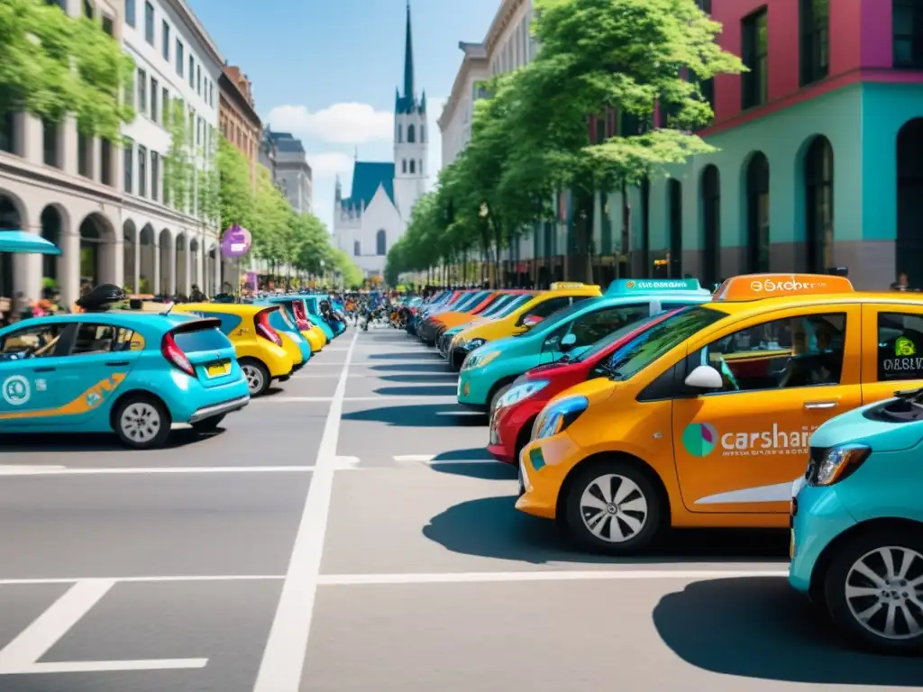 Vida urbana con carsharing: personas compartiendo vehículos, promoviendo la psicología de compartir y la sostenibilidad ambiental