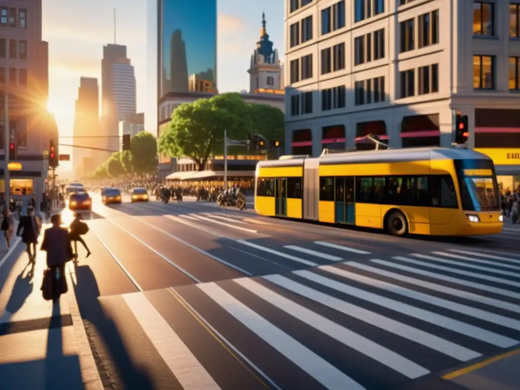 Vida urbana con tráfico, tranvía y peatones en la hora pico