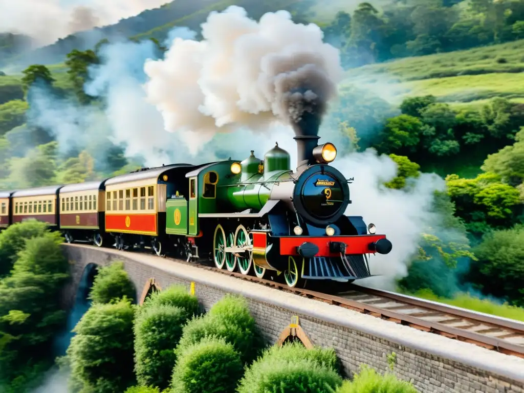 Viejo tren a vapor con banderas coloridas y pasajeros saludando desde las ventanas, recorriendo una ruta escénica