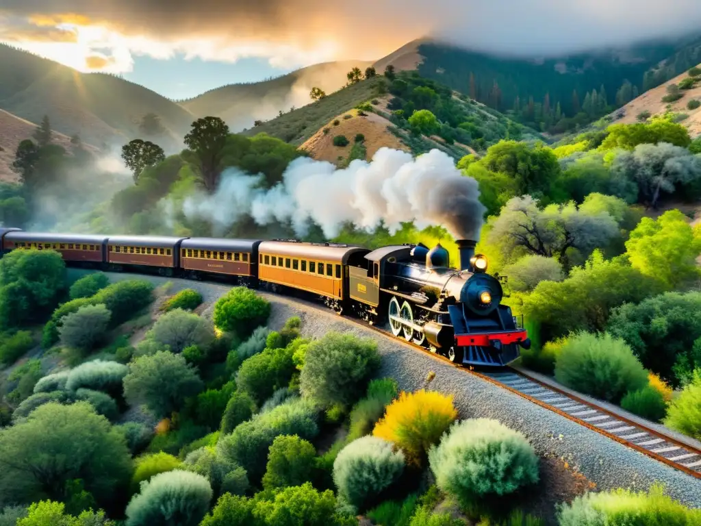 Viejo tren de vapor en paisaje montañoso de California, evocando la fiebre del oro y la evolución del ferrocarril en la región