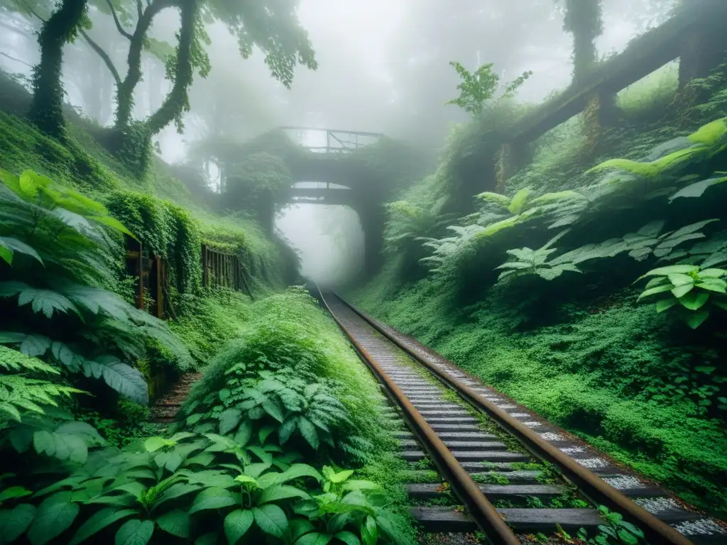 Viejos raíles de tren abandonados en un bosque neblinoso, evocando anécdotas y leyendas viajes trenes