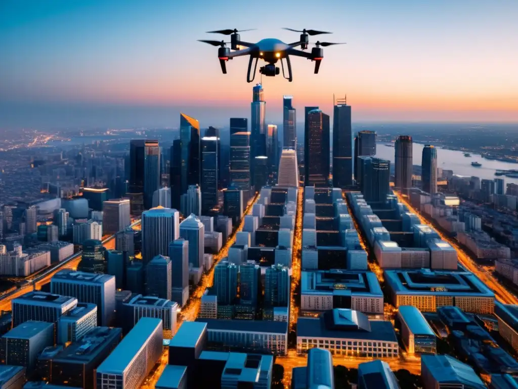 Vigilancia futurista: drones capturan la ciudad, revelando modernidad y privacidad en el espacio aéreo urbano