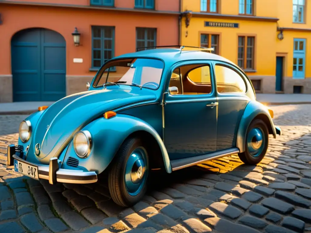 Un Volkswagen Escarabajo vintage en la calle empedrada, bañado por la cálida luz del sol