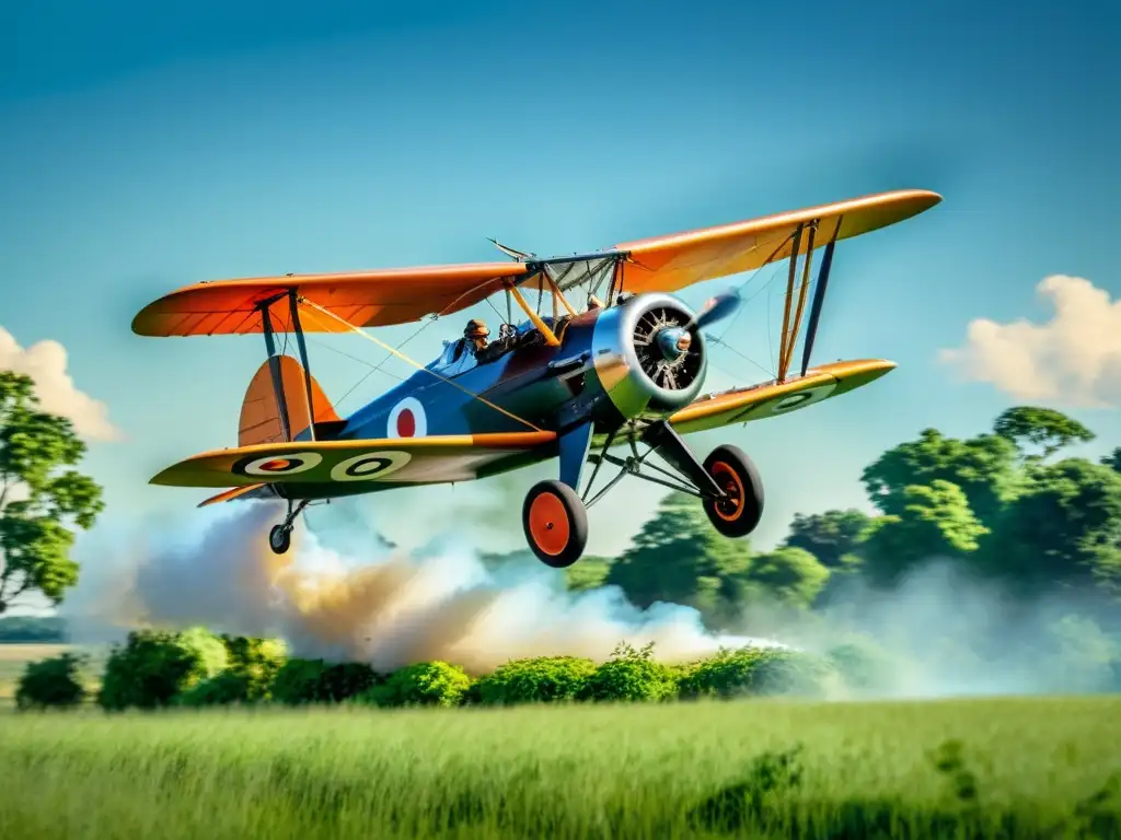 Avión vintage despegando de un campo, piloto visible en la cabina abierta, rodeado de naturaleza y cielo azul