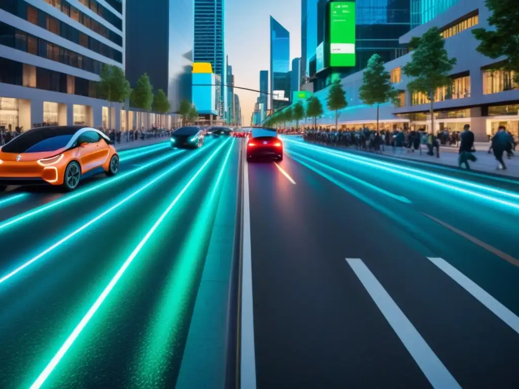 Una visión futurista de la ciudad con vehículos eléctricos y sostenibles, peatones y ciclistas conviviendo en armonía