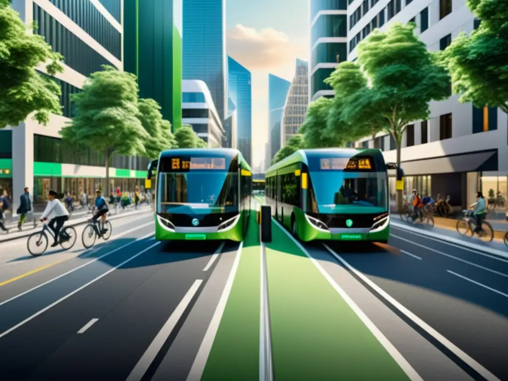 Una visión urbana moderna y sostenible con buses eléctricos, ciclistas y energía renovable integrada