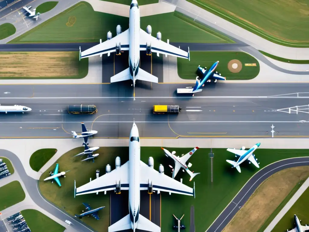 Vista aérea de un aeropuerto activo con diversidad de aviones y movimiento, reflejando la complejidad y escala de la aviación