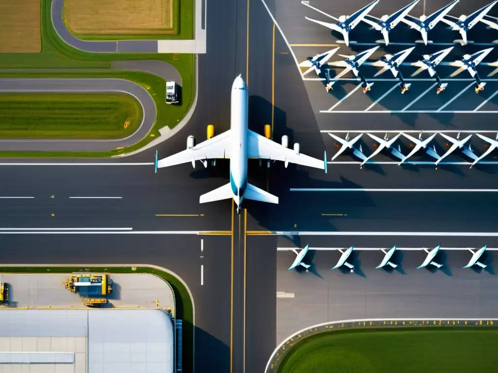 Vista aérea de un aeropuerto con aviones en la pista, destacando la ingeniería y normativas ambientales en la industria aeronáutica