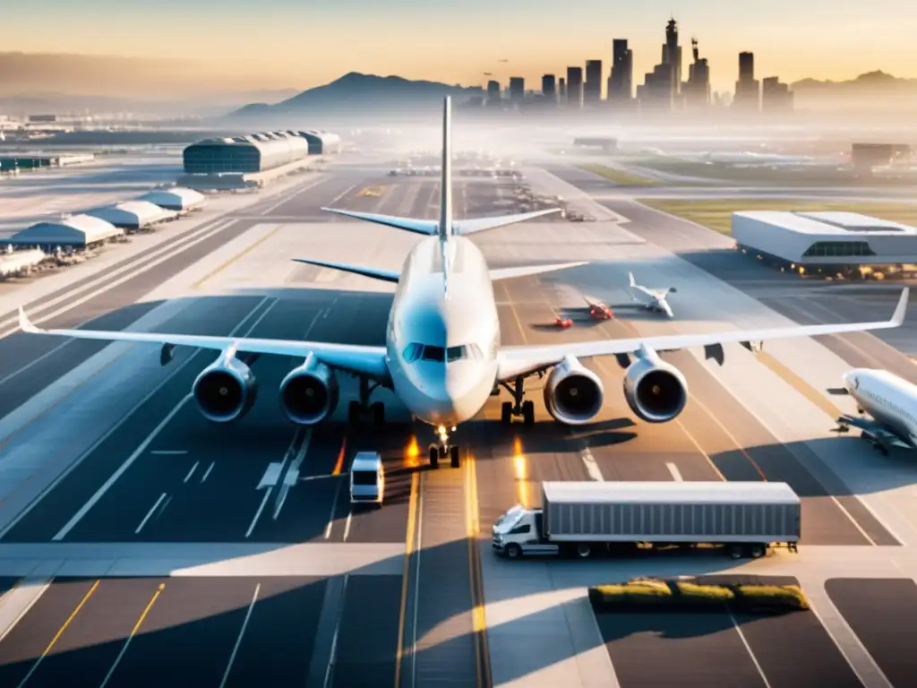 Vista aérea de un aeropuerto con aviones en pista, rodeado de infraestructura urbana y smog