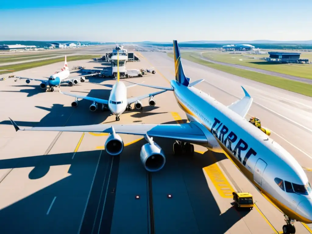 Vista aérea de un aeropuerto con aviones despegando y aterrizando, bajo la gestión del tráfico aéreo moderno