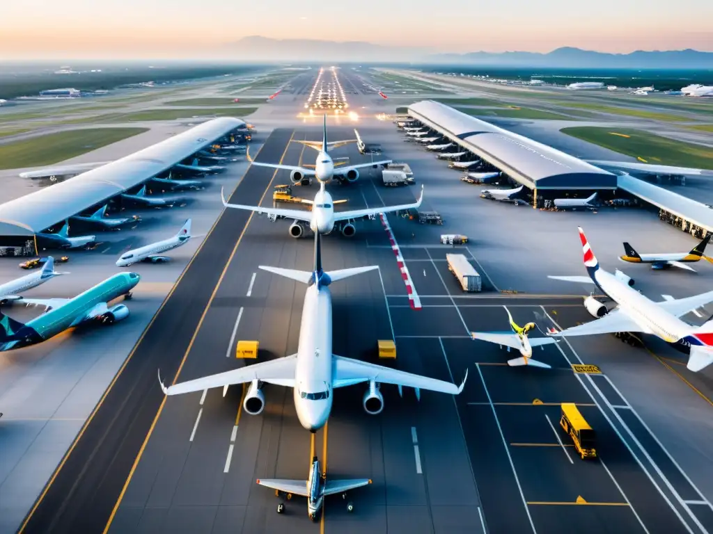 Vista aérea de aeropuerto bullicioso con aviones en pistas y en el aire