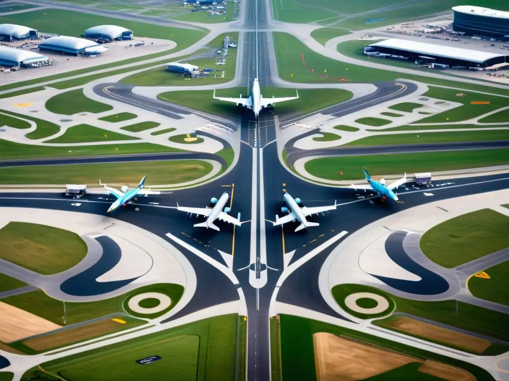 Una vista aérea de un aeropuerto bullicioso, mostrando la compleja red de pistas, terminales y torres de control