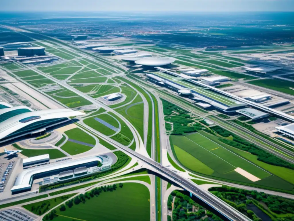 Vista aérea de aeropuerto integrado en el tejido urbano, destacando la armonía entre infraestructura aeroportuaria y ciudad