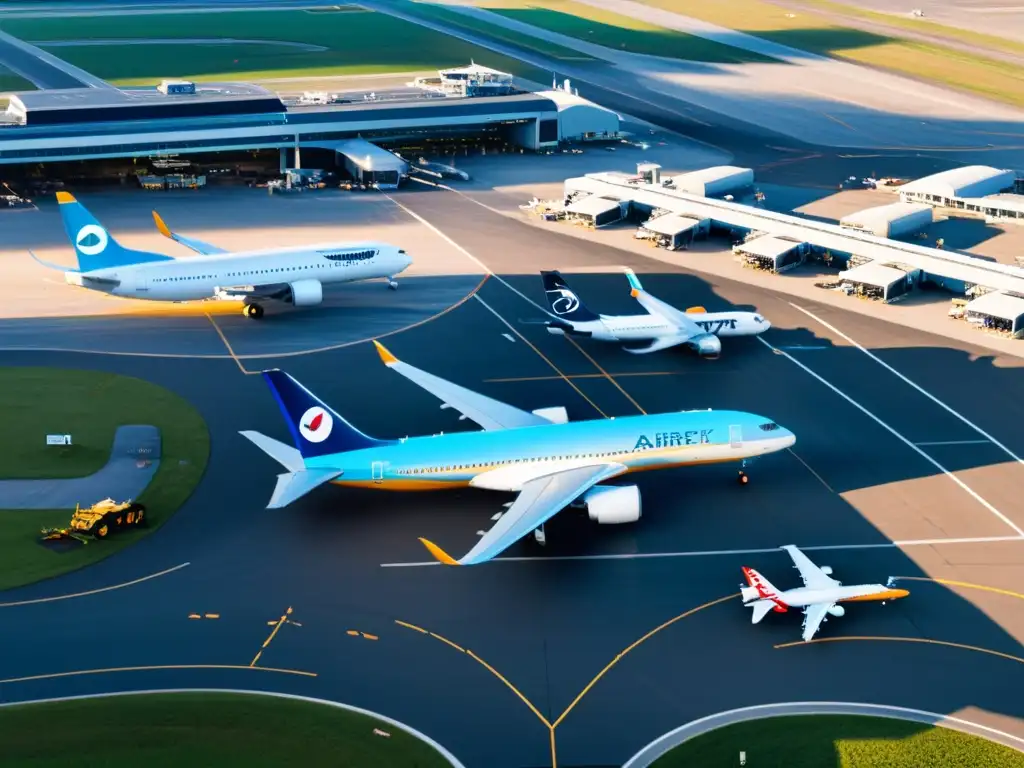 Caos controlado: aeropuerto moderno en acción Vista aérea de un aeropuerto moderno con aviones en pista, reflejando la eficiencia y coordinación de las normativas de seguridad en transporte aéreo