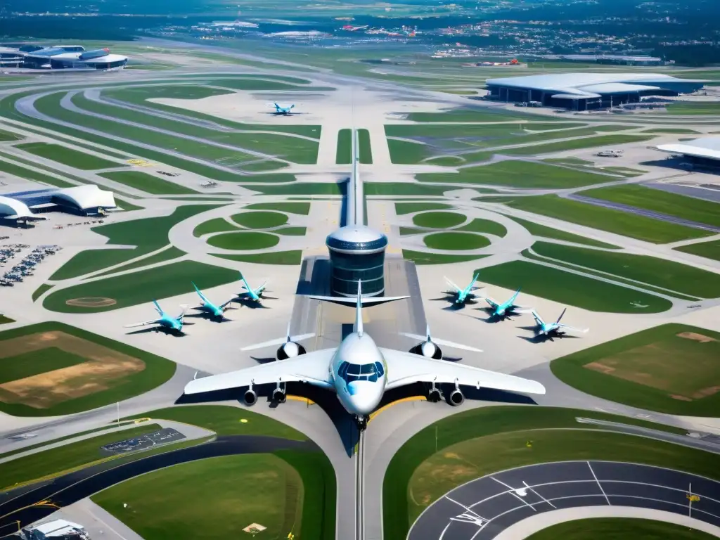 Vista aérea de un aeropuerto moderno con evolución de la navegación aérea con radar y GPS, atardecer vibrante