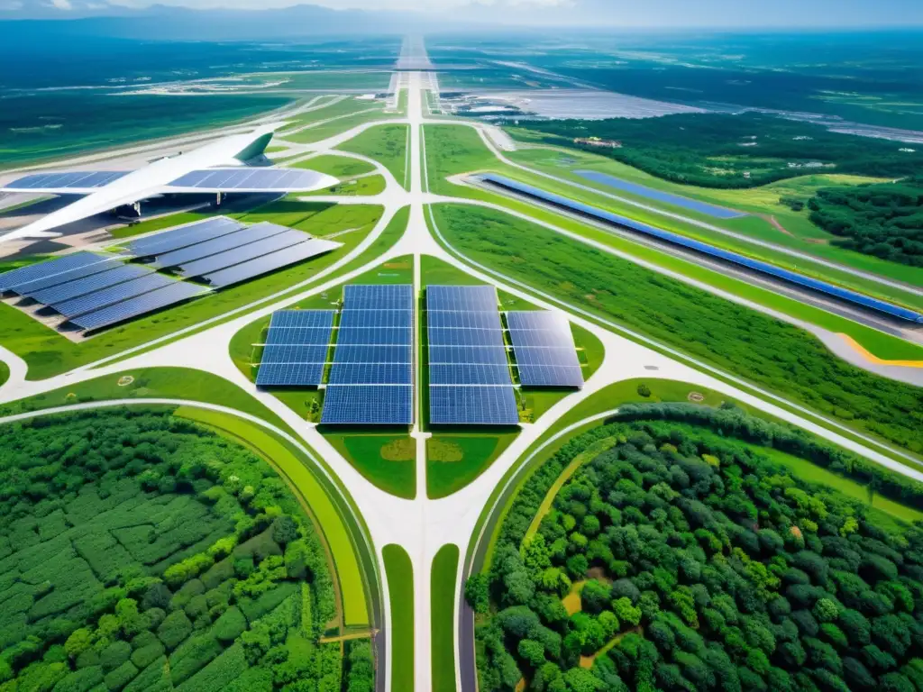 Vista aérea de un aeropuerto sostenible rodeado de exuberante vegetación