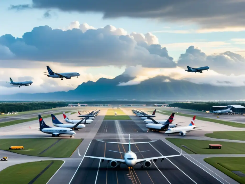 Vista aérea de aeropuerto con gestión del tráfico aéreo moderno: aviones, personal y luz dorada