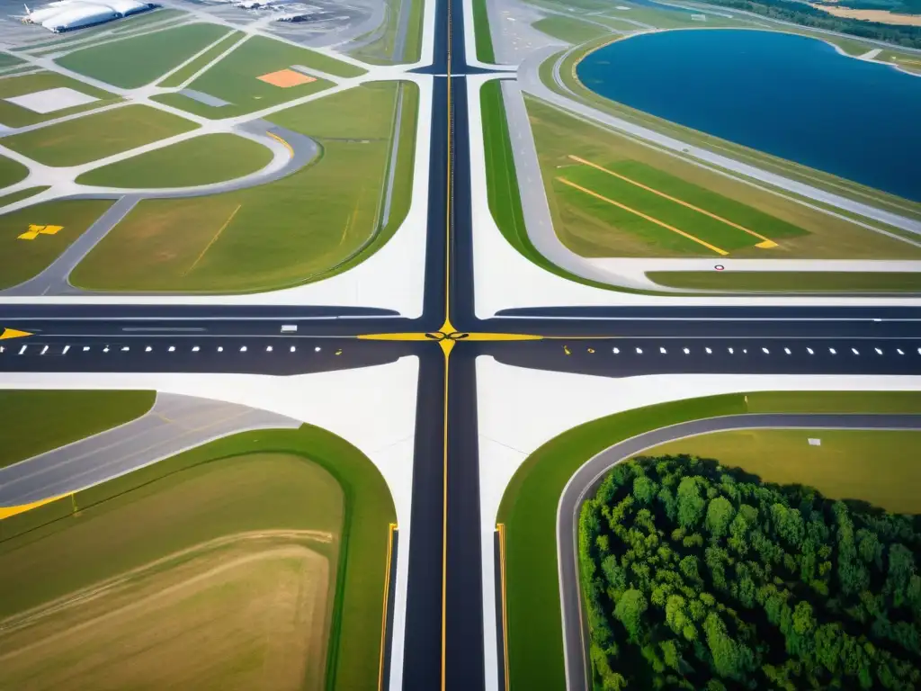 Vista aérea en alta resolución de una moderna pista de aeropuerto con instrumentos de medición en aviación moderna