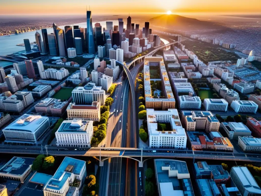 Vista aérea al amanecer de una ciudad vibrante con rascacielos, calles bulliciosas y paisaje natural