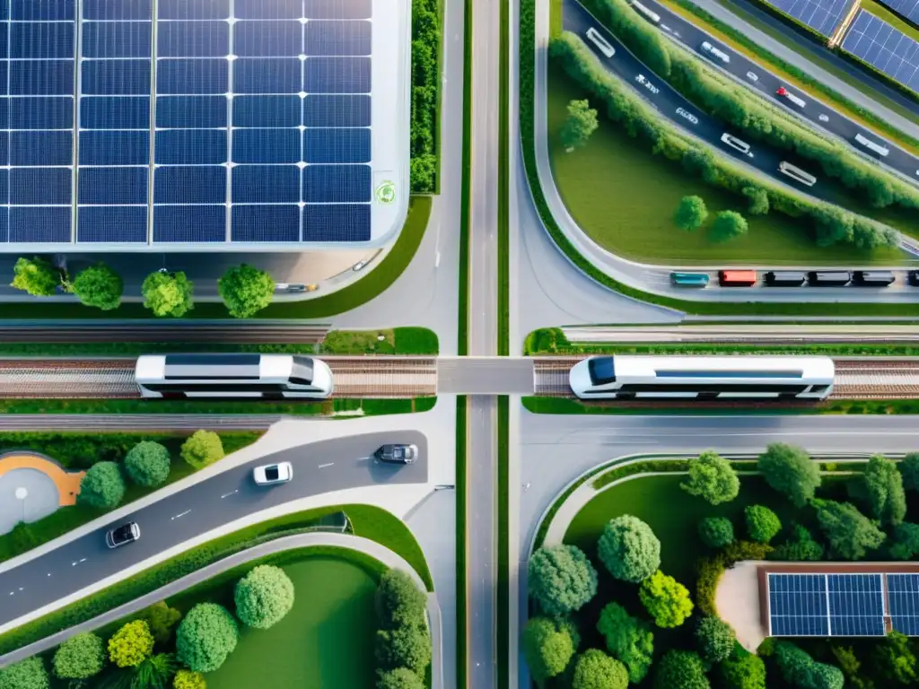 Vista aérea de un animado centro de transporte con certificaciones sostenibilidad infraestructuras transporte y características verdes como paneles solares y estaciones de carga para vehículos eléctricos